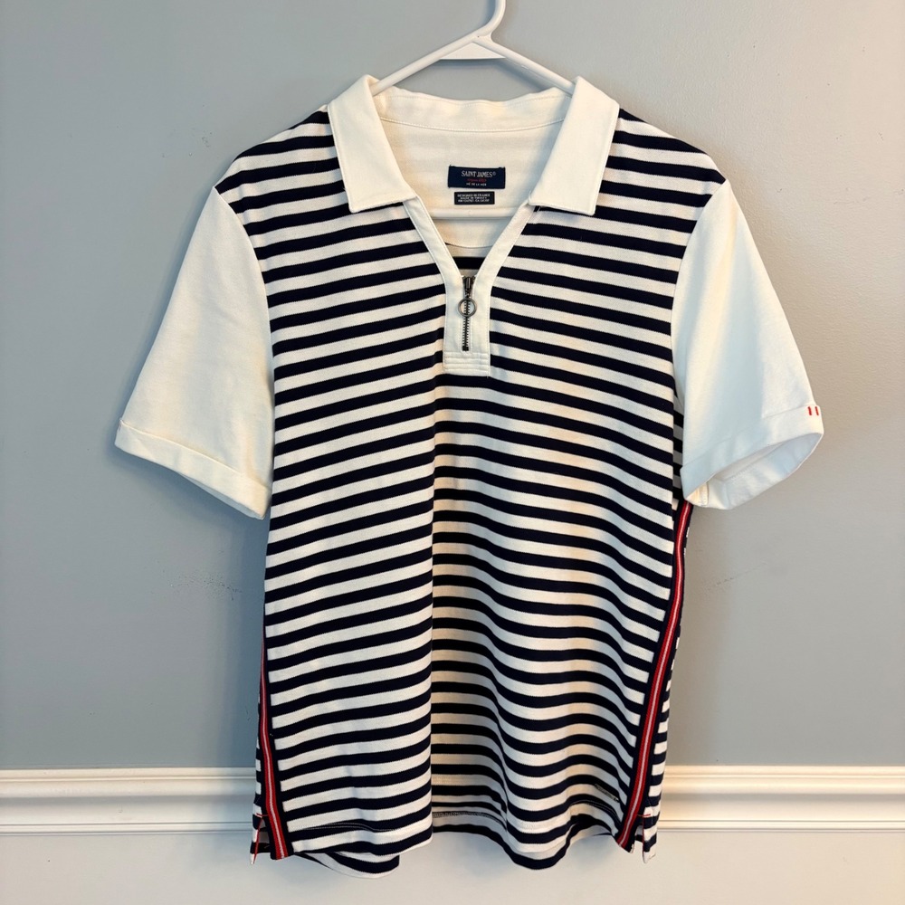 Saint James Navy White Striped Quarter Zip Polo Shirt Nautical French Womens 10